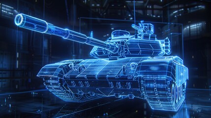 3D rendering illustration Tank blueprint glowing neon hologram futuristic show technology security for premium product business finance