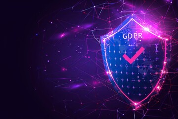 Sticker - Intense neon purple GDPR shield illuminating a dark tech background, focusing on the protection of personal data in the digital age.