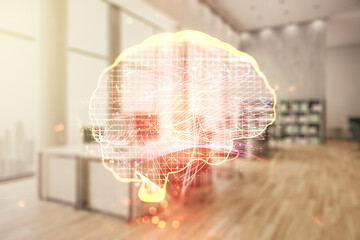 Wall Mural - double exposure of creative human brain microcircuit hologram on a modern furnished office interior 