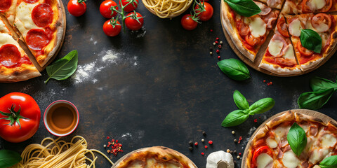 Wall Mural - Italian food creative background for menu and restaurant. Typical Italian dishes in Italy. Pizza, pasta, cheese, parmesan, basil, herbs, tomatoes, and tomato sauce. Food menu, copy space design.