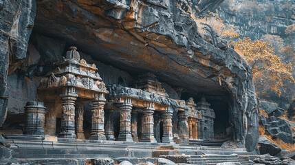 Wall Mural - A mystical, ancient temple nestled amidst towering cliffs, its weathered stone adorned with intricate carvings depicting long-forgotten legends.