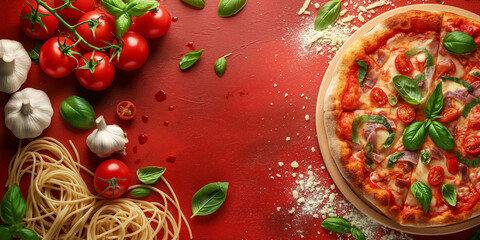 Wall Mural - Italian food creative red background for menu and restaurant. Typical Italian dishes in Italy. Pizza, pasta, cheese, parmesan, basil, herbs, tomatoes, and tomato sauce. Food menu, copy space design.