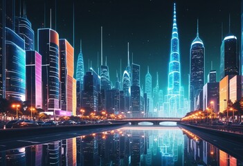Wall Mural - Futuristic city technology with digital glowing light reflection