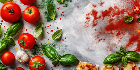 Wall Mural - Italian food creative background for menu and restaurant. Typical Italian dishes in Italy. Pizza, pasta, cheese, parmesan, basil, herbs, tomatoes, and tomato sauce. Food menu, copy space design.