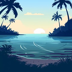 Wall Mural - A tropical landscape of jungle on a sea beach with jungle trees and grass silhouetted in the water. Modern cartoon illustration of an exotic island with a shoreline on the ocean.