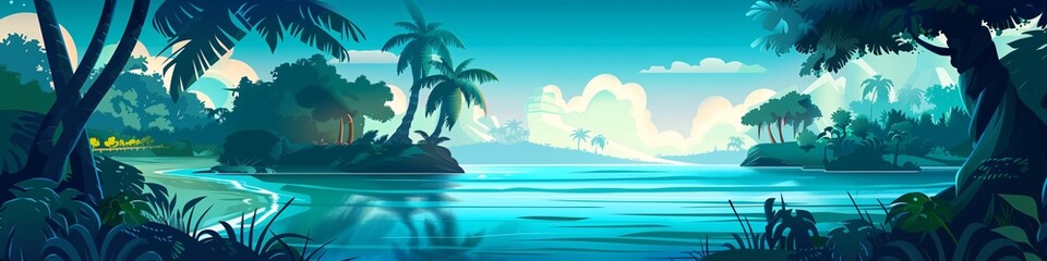 Wall Mural - A tropical landscape of jungle on a sea beach with jungle trees and grass silhouetted in the water. Modern cartoon illustration of an exotic island with a shoreline on the ocean.