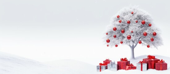 Fototapete - A festive holiday winter scene with a white gift box adorned with a scarlet ribbon surrounded by New Year balls and candy A winter tree completes the Christmas composition on a white background perfe