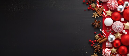 Poster - Christmas decorations in red colors with christmas candies Xmas winter new year concept Flat lay top view copy space for text Merry Christmas greeting card