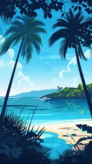 Wall Mural - A tropical landscape of jungle on a sea beach with jungle trees and grass silhouetted in the water. Modern cartoon illustration of an exotic island with a shoreline on the ocean.