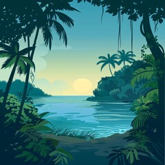 Wall Mural - A tropical landscape of jungle on a sea beach with jungle trees and grass silhouetted in the water. Modern cartoon illustration of an exotic island with a shoreline on the ocean.