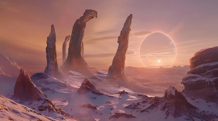 Wall Mural - A surreal, alien landscape bathed in the soft glow of a distant sun, where towering rock formations twist and contort like frozen waves.