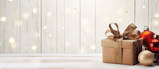 Fototapete - Brown and red vintage gift box and ornament on white wood background with copy space Christmas new year valentine s day and anniversary greeting card background