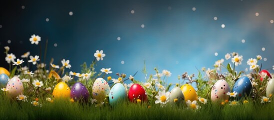 Aufkleber - An Easter themed background featuring vibrant Easter eggs and abounding wildflowers perfect for a copy space image