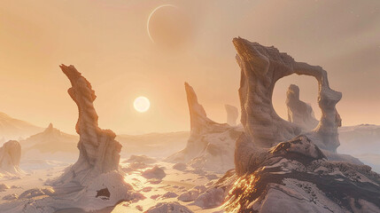 Wall Mural - A surreal, alien landscape bathed in the soft glow of a distant sun, where towering rock formations twist and contort like frozen waves.