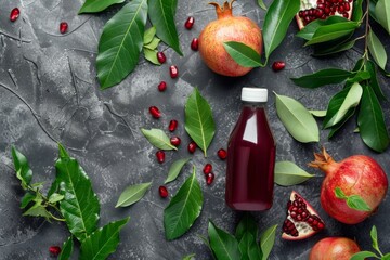 Wall Mural - Fresh pomegranate juice with ripe fruits and vibrant leaves on textured background