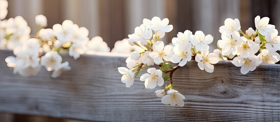 Aufkleber - Spring flowering branch on wooden background plum blossoms delicate branch of flowering plum on a wooden fence in the light and shadow. copy space available