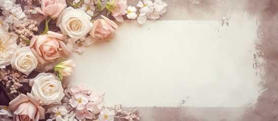 Leinwandbilder - Wedding concept with blank message and flowers on vintage background Top view copy space image