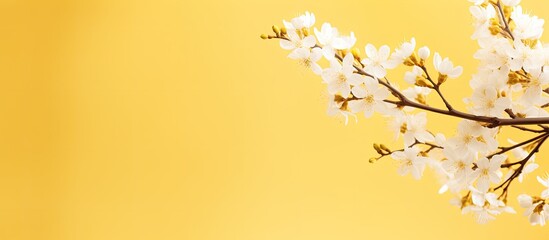 Poster - white branch toned in yellow background Spring holiday concep copy space Banner