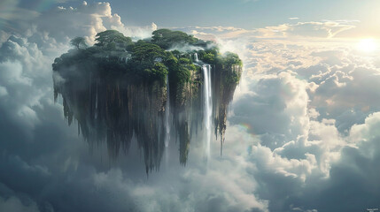 Wall Mural - A surreal, floating island suspended in a sea of clouds, with cascading waterfalls plunging into the abyss below.
