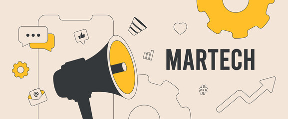 Wall Mural - martech solutions and technology marketing concept. key trends include automation software, data ana
