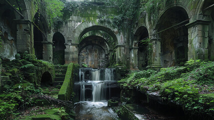 Wall Mural - A surreal, overgrown ruin reclaimed by nature, where crumbling stone archways are entwined with vibrant foliage and cascading waterfalls.