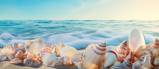 Sticker - Beautiful sea shells by the sea on a blurred background. copy space available