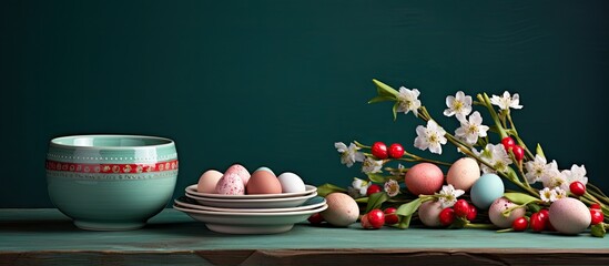 Aufkleber - Easter background with easter eggs and spring flowers on green plate Spring still life scene Vintage pastel styled photo Festive decoration Happy Easter Copy space for you text Toned image