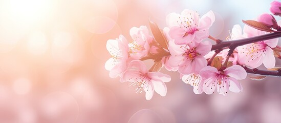 Poster - Pink blossoming almond tree with bokeh light background Pink flowers for spring time background close up banner. copy space available