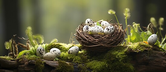 Sticker - Quail easter eggs in a basket on a natural green moss with snowdrop flowers on a tree stump Spring easter and healthy organic food concept Zero waste natural Easter decorations Copy space