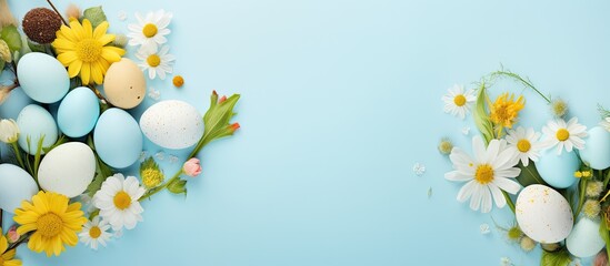 Aufkleber - Colorful Easter eggs and spring flowers on light blue background flat lay Space for text. copy space available