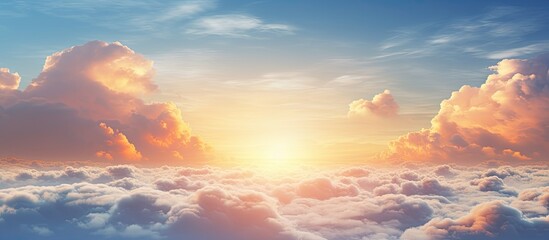 Wall Mural - A stunning summer sky with warm tonalities and a sunny dawn above fluffy clouds The captivating landscape provides a natural backdrop The image is an ultra wide panorama in a banner format allowing a