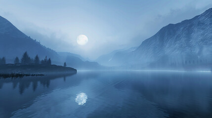Wall Mural - A tranquil, mist-shrouded lake nestled amidst towering mountains, where the reflection of the moon paints the water in shades of silver and blue.