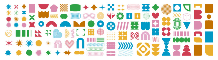 A set of graphic elements. Abstract geometric figures. Decorative minimalistic brutalist forms.
