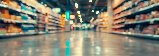 Wall Mural - Supermarket aisle background. Supermarket interior. Blurred background