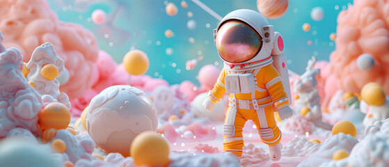 an astronaut is floating among pink clouds and a pink glowing moon. The astronaut is wearing a pink spacesuit .Generative AI