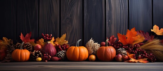 Wall Mural - Autumn festive arrangement with decorative pumpkin fall leaves berries and acorns on an old wooden backdrop The lighting casts a hard light creating dark shadows The composition is presented in a fla