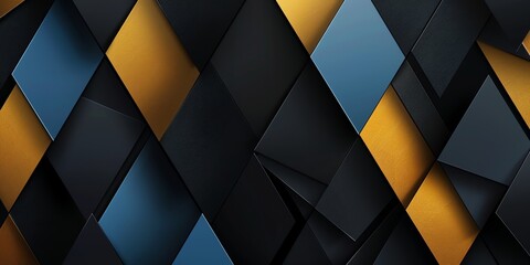 Regular black, gold and blue three-dimensional striped background, triangle/rectangle, black background, aspect ratio 2:1