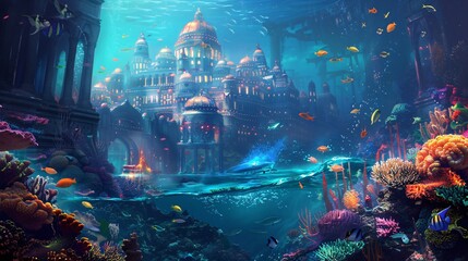 Illustrate an underwater city built within a vibrant coral reef, home to merfolk and other aquatic beings game art