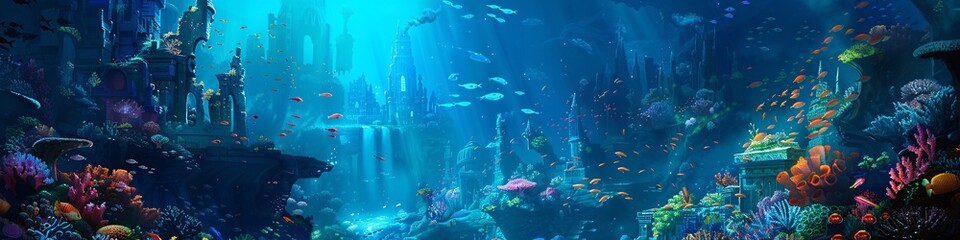 Wall Mural - Illustrate an underwater city built within a vibrant coral reef, home to merfolk and other aquatic beings game art