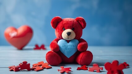 Wall Mural - Mental health care concept, World Autism Awareness Day. Red heart-shaped teddy bear with a ribbon puzzle design. Against a blue backdrop