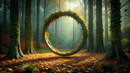 the swing is circular and covered in leaves and butterflies flying in the middle of the circle and the autumn effect