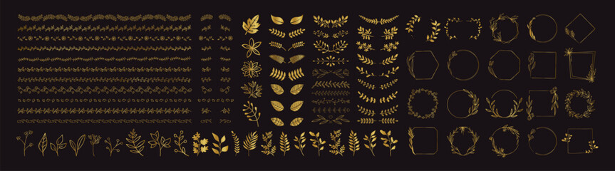 Set of gold design elements. Wreath, frames, calligraphic, swirls divider, laurel leaves, ornate, award, arrows. Vintage line decoration frames collection