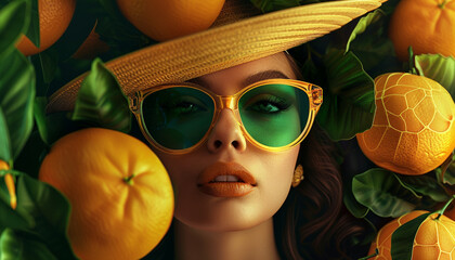 Portrait of a woman with glasses and oranges. Ai generated