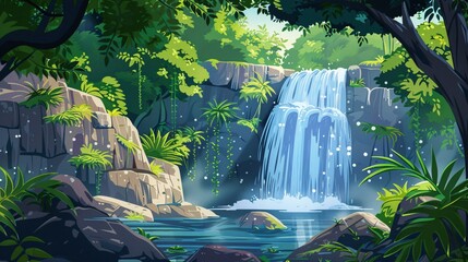Jungle waterfall cascade in tropical rainforest with rock and turquoise blue pond. Tropical rainforest waterfall in the jungle landscape. Palm trees pond misty morning flowers and tropics.