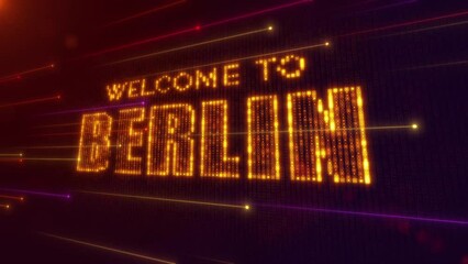 Wall Mural - Abstract Futuristic Motion Orange Purple Shiny Perspective Square Hud Mosaic Grid Of Welcome to Berlin Digital Display Text Reveal With Dotted Lines Light Flare, Seamless Loop