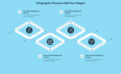 Fototapete - Infographic process template with four stages - blue version. Isometric chart design for workflow layout, diagram, banner, web design.