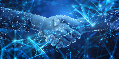 a digital handshake between two hands, surrounded by a network of connected lines and dots technology background is a gradient of blue hues