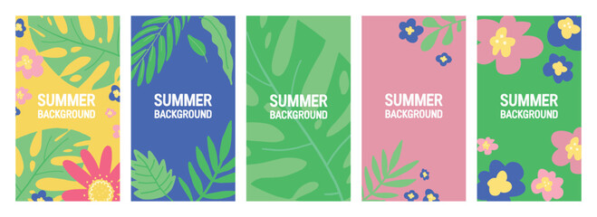 Colorful 9x16 summer backgrounds with tropical leaves and flowers in green, blue, pink, and yellow.