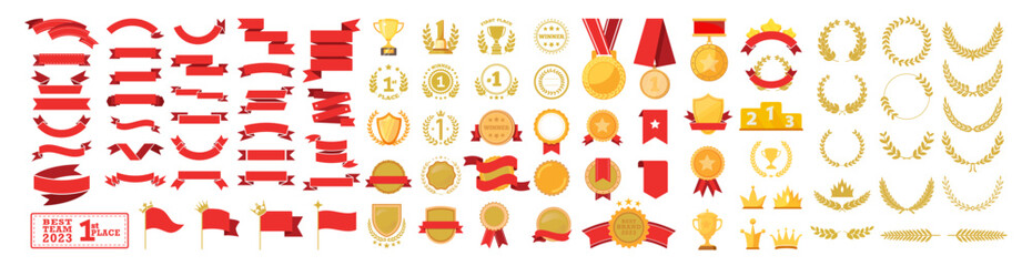 award frame set, ranking, ribbon, crown, trophy, medal, decoration, laurel, illustration, gold award