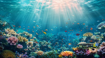 Wall Mural - underwater coral reef landscape super wide banner background in the deep blue ocean with colorful fish and marine life